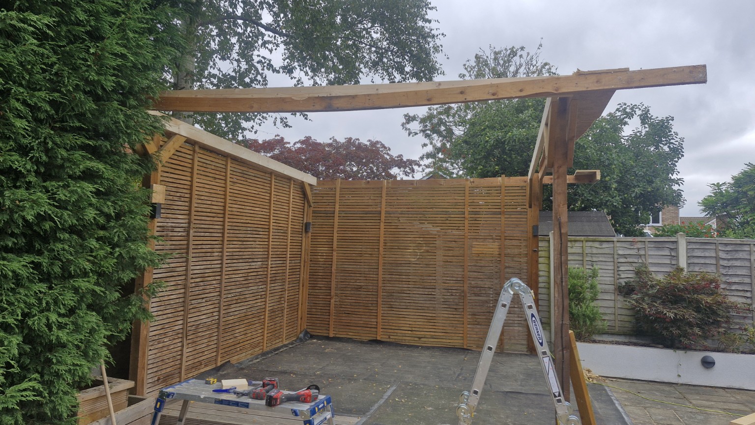 Roof-support beams before installation of new joists